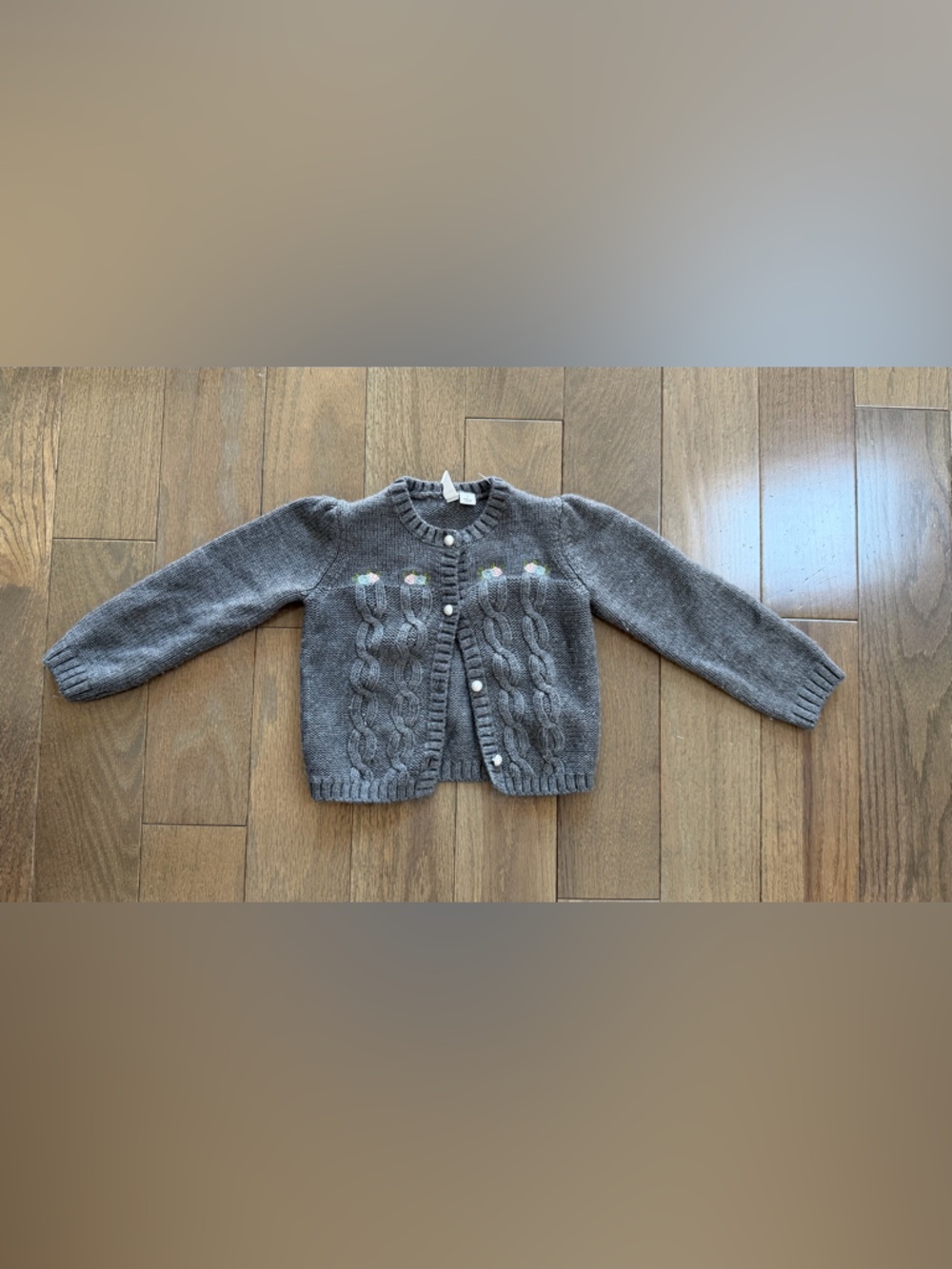 Janie and Jack Gray Knit Cardigan with Pastel Floral Embroidery